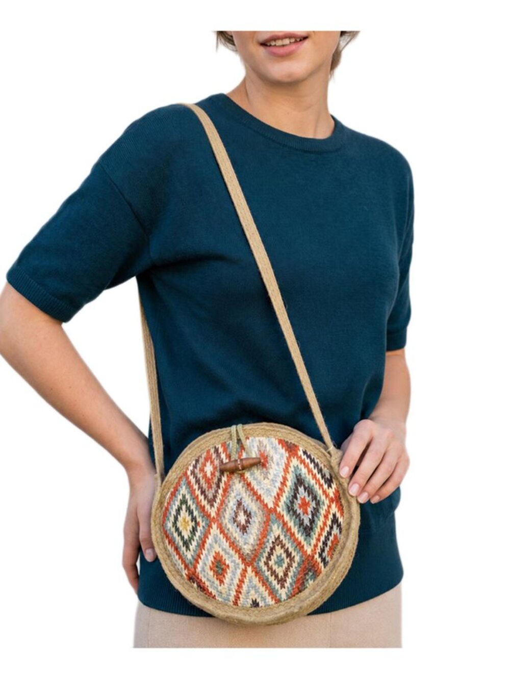 Tigerstars Boho Multi Color Patterned Straw Round Crossbody Bag